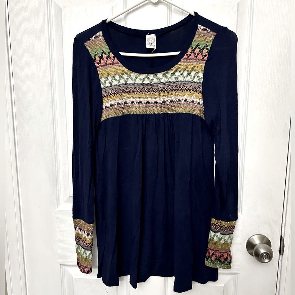 Sun & Moon Tribal Embroidered Tunic Long Sleeve Top Blue Multi Color Accent